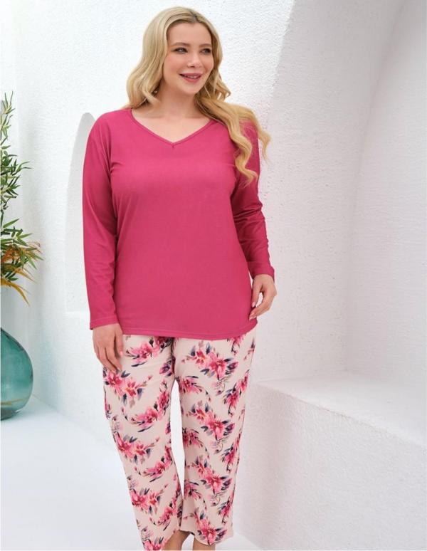 Baha Perfect Club Kadın Büyük Beden V Yaka Uzun Kol Pijama Takımı 4378- 1 Adet - Image 1