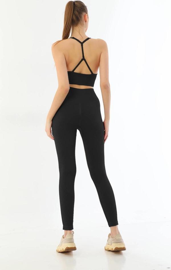 SİYAH   Soft Seamless Ripli Tayt Yoga Takımı - Image 1