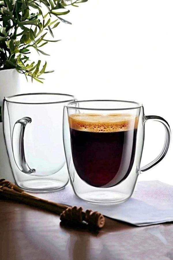 2 Adet Çift Camlı Çift Cidarlı Cam Kupa 250 ml Ev Ofis Fincanı Çift Katlı Isı Yalıtımlı Kulplu Cam B - Image 1