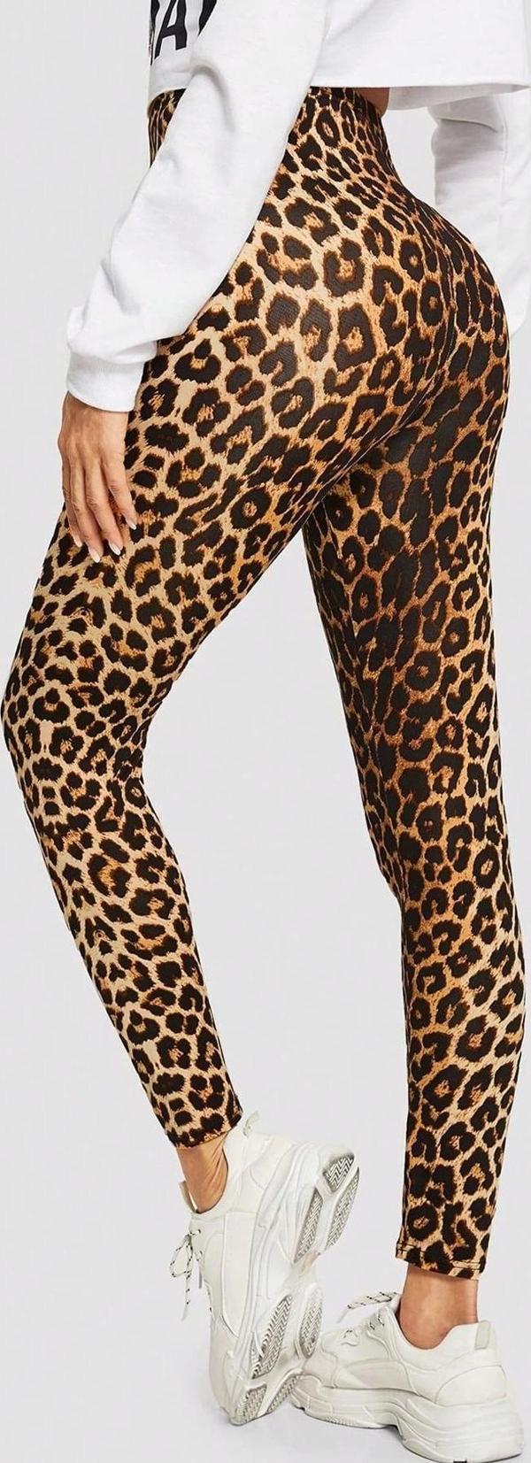 Kadın Leopar Desenli Yüksek Bel Dar Kesim Esnek Tayt - Image 1