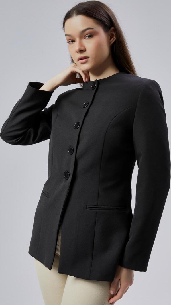 Siyah Bisiklet Yaka Regular Dokuma Ceket - Image 1