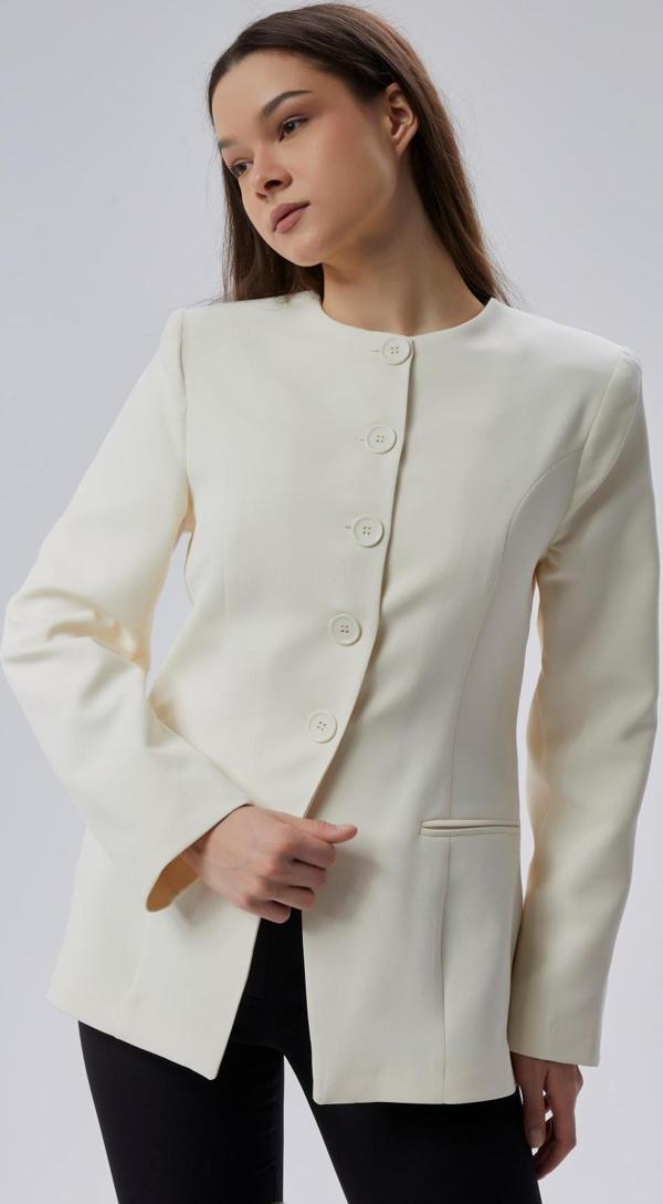 Ekru Bisiklet Yaka Regular Dokuma Ceket - Image 1