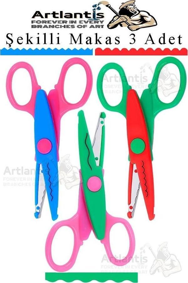 Şekilli Makas Metal Plastik Kaplamalı 3 lü 1 Paket Desenli Tırtıklı Şekilli Kesen Makas Seti Güvenli Çocuk Okul Öncesi - Image 1