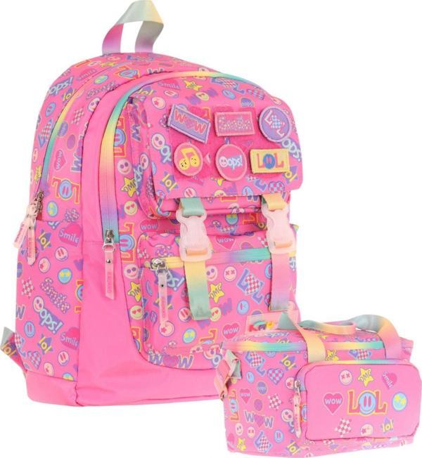 Kaukko L5237+L7237 Kız Çocuk İkili Okul Çantası ve Beslenme Çantası Seti - Pembe - Armalı Yazı Desenli - Image 1