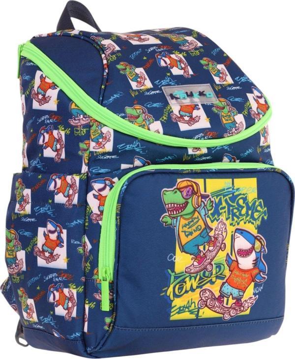 Kaukko İki Bölmeli Ergonomik Erkek Çocuk Okul Çantası (Lacivert Yeşil - Dinazor Baskılı) - L5256 - Image 1