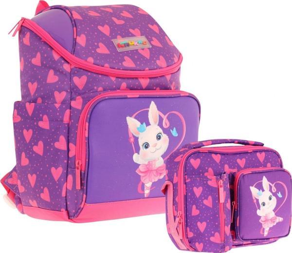 Kaukko L5246+L7246 Okul Sırt Çantası + Beslenme Çantası Seti - Mor Pembe - Kalpli Tavşan - Kız Çocuk - Image 1