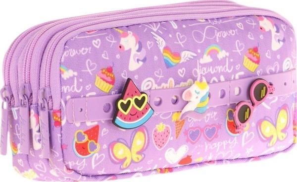 Kaukko Kids Mor, Yaz Temalı, Kız Çocuk Üç Gözlü Okul Kalem Çantası - L8245 - Image 1