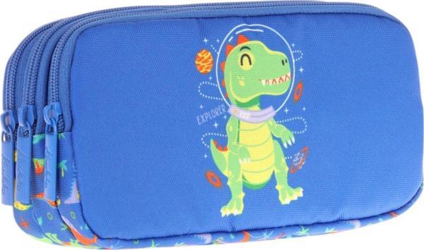 Kaukko Kids Mavi Yeşil, Dinazor, Erkek Çocuk Üç Bölmeli Okul Kalem Çantası - L8262 - Image 1