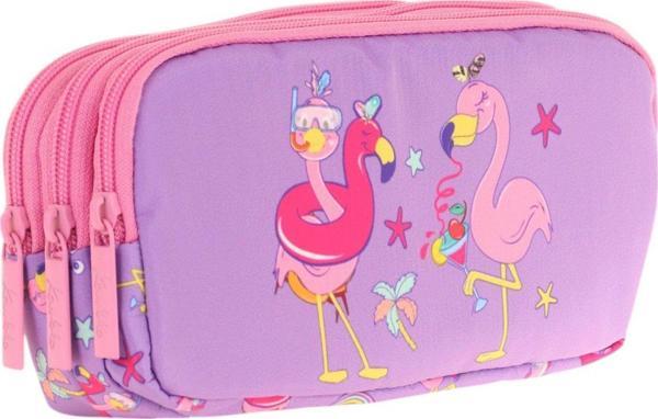 Kaukko Kids Pembe Mor, Flamingolar, Kız Çocuk Üç Gözlü Okul Kalem Çantası - L8240 - Image 1