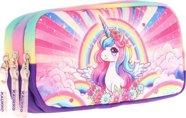 Kaukko Kids Mor Pembe, Unicorn, Kız Çocuk Üç Gözlü Okul Kalem Çantası - L8249 - Image 1