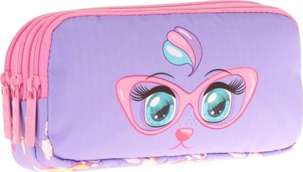 Kaukko Kids Üç Bölmeli Pembe Lila, Gözlüklü Kedi Baskılı, Kız Çocuk Okul Kalemliği - L8236 - Image 1