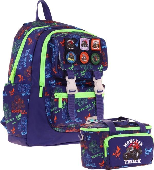 Kaukko L5279+L7279 Erkek Çocuk İkili Okul Çantası ve Beslenme Çantası Seti - Lacivert Yeşil - Armalı Kamyon Desenli - Image 1