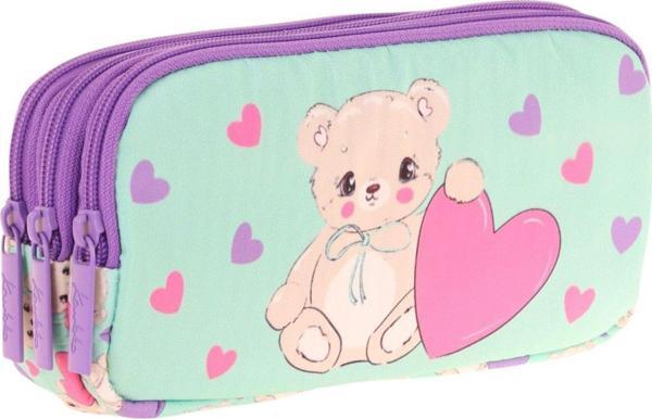 Kaukko Kids Yeşil Mor, Sevimli Ayıcık, Kız Çocuk Üç Gözlü Okul Kalem Çantası - L8239 - Image 1