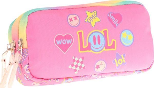 Kaukko Kids Pembe Çok Renkli, Lol Baskılı, Kız Çocuk Üç Gözlü Okul Kalem Çantası - L8237 - Image 1