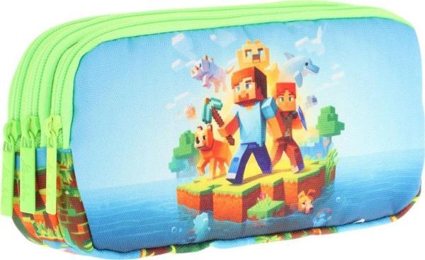 Kaukko Kids Yeşil Mavi, Craft Temalı, Erkek Çocuk Üç Bölmeli Kalemlik/Kalem Çantası - L8280 - Image 1