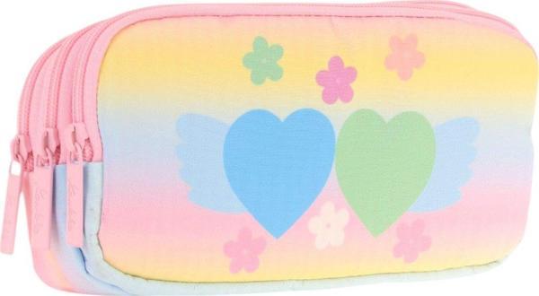 Kaukko Kids Üç Bölmeli Sarı Pembe, Kalp ve Çiçekler, Kız Çocuk Okul Kalem Çantası - L8213 - Image 1