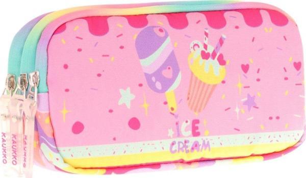 Kaukko Kids Üç Bölmeli Pembe Sarı, Dondurma Desenli, Kız Çocuk Okul Kalemliği - L8232 - Image 1
