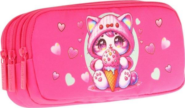Kaukko Kids Fuşya, Dondurma Yiyen Kedi, Kız Çocuk Üç Gözlü Okul Kalem Çantası - L8250 - Image 1