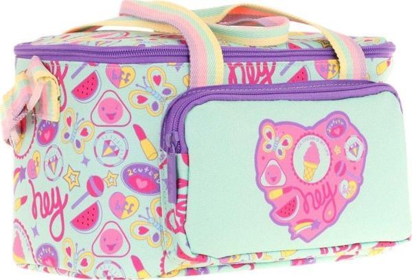 Kaukko Kids Thermo Isı Yalıtımlı Kız Çocuk Kalp Desenli Turkuaz Pembe Beslenme Çantası L7230 (İki Bölmeli) - Image 1