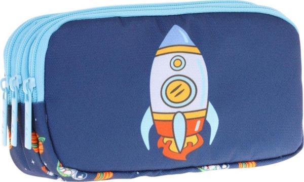 Kaukko Kids Mavi Lacivert, Roket Baskılı, Erkek Çocuk Üç Bölmeli Okul Kalem Çantası - L8260 - Image 1