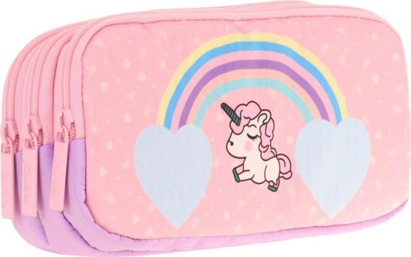 Kaukko Kids Üç Bölmeli Mor Pembe, Unicorn Temalı, Kız Çocuk Okul Kalem Çantası - L8212 - Image 1