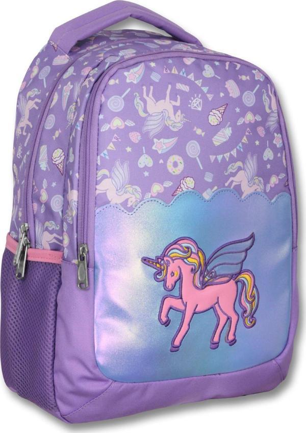 Ümit Çanta Nakışlı Unicorn Kız Çocuk Üç Gözlü Lila Renk Okul Çantası - 5027 - Image 1