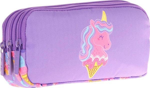 Kaukko Kids Üç Bölmeli Lila Pembe, Unicorn Desenli, Kız Çocuk Okul Kalemliği - L8224 - Image 1