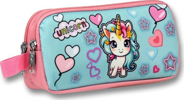 Ümit Çanta Kız Çocuklar İçin İki Bölmeli Bebek Unicorn Baskılı Kalemlik - Pembe Turkuaz - 5050 - Image 1