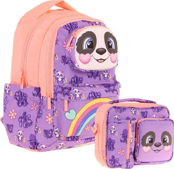 Kaukko Kız Çocuk 3D Panda Şekilli Mor Somon Okul Sırt Çantası ve Isı Yalıtımlı Beslenme Çantası Seti - Image 1