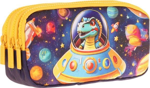 Kaukko Kids Sarı Siyah, Astronot Dinazor, Erkek Çocuk Üç Bölmeli Kalemlik/Kalem Çantası - L8273 - Image 1