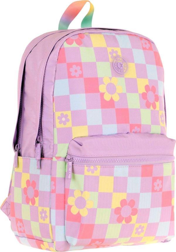 Kaukko Nature Kız Çocuk Üç Bölmeli Mor Pembe Papatya ve Kare Desenli Okul Sırt Çantası - K1786 - Image 1