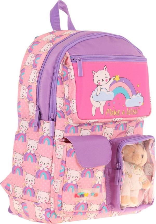 Kaukko Kız Çocuk Peluş Kedili İlkokul Okul Sırt Çantası - Pembe Mor - L5241 - Image 1