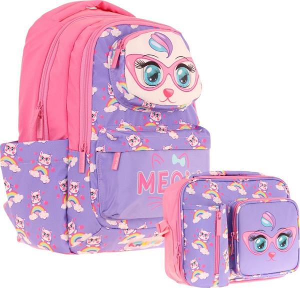 Kaukko Kız Çocuk 3D Kedi Şekilli Mor Pembe Okul Sırt Çantası ve Isı Yalıtımlı Beslenme Çantası Seti - Image 1