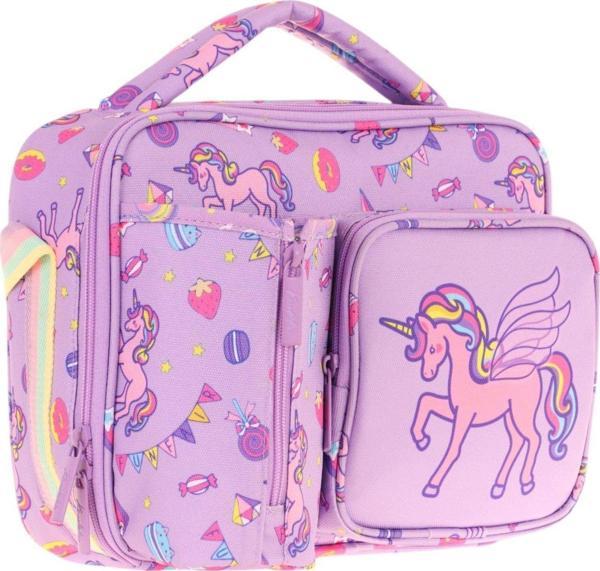 Kaukko Kız Çocuk, Lila, Unicorn Baskılı Isı Yalıtımlı Üç Bölmeli (Matara Cepli) Okul Beslenme Çantası L7221 - Image 1