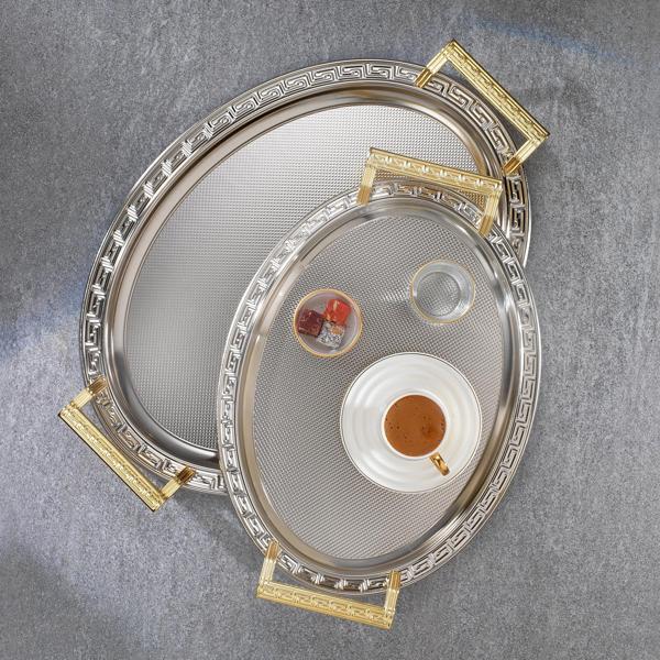 Schafer Ela 2 li Oval Çay Tepsisi-Platin02 - Image 1