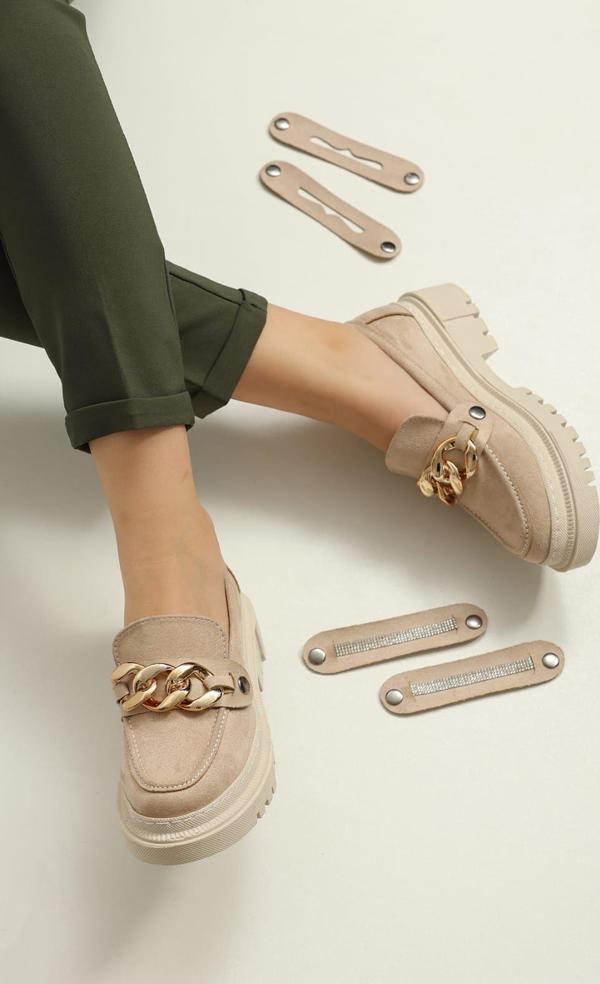 Loafers Tokası Değişebilen Günlük Kadın Süet Krem Ayakkabı - Image 1