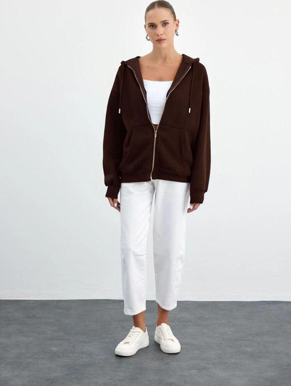 Yakamel Kadın Fermuarlı Şardonlu  Oversize Kapşonlu  Hırka Sweatshirt - Image 1