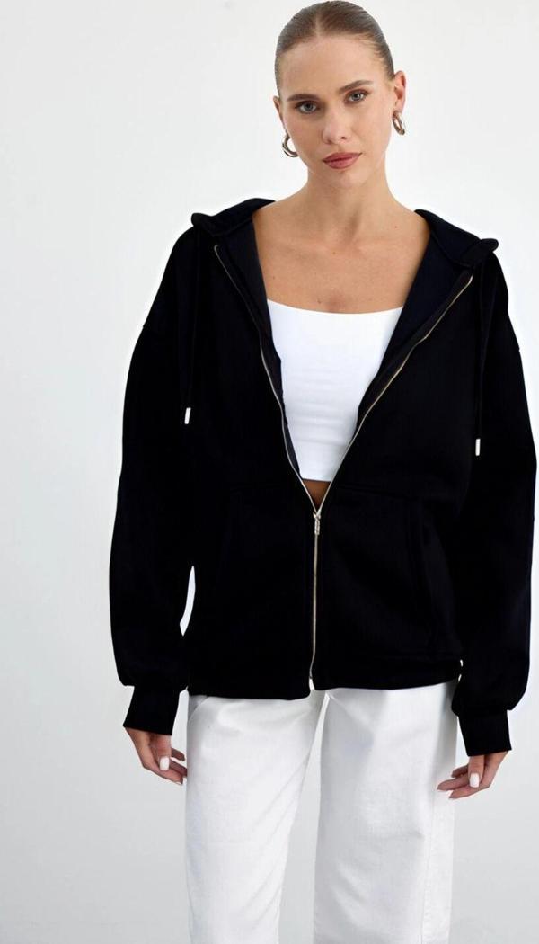 Yakamel Kadın Fermuarlı Şardonlu  Oversize Kapşonlu  Hırka Sweatshirt - Image 1