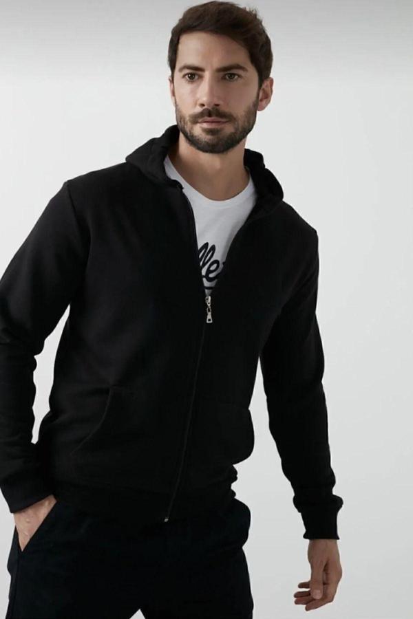 Yakamel Erkek İnterlok İki İplik Mevsimlik Rahat Kapüşonlu Kanguru Cep Fermuarlı Sweatshirt Hırka - Image 1