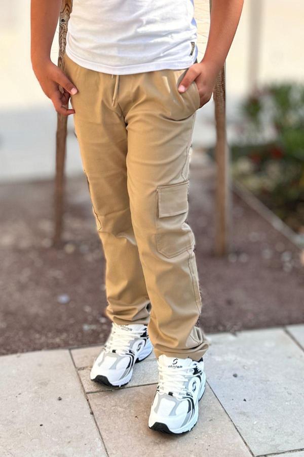 Yakamel Erkek Yüksek Bel Esnek Rahat Beli Lastikli Komando Cepli Krem Çocuk Okul Pantolonu - Image 1