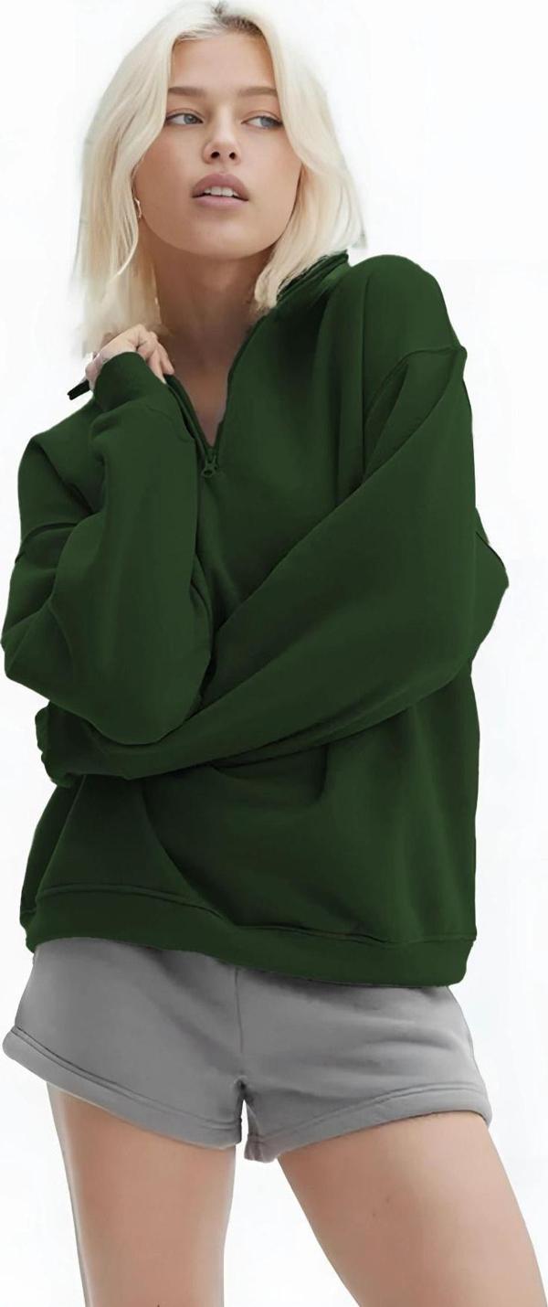 Yakamel Kadın Yarım Fermuar Dik Yaka Uzun Kollu 3 İplik Sweatshirt - Image 1