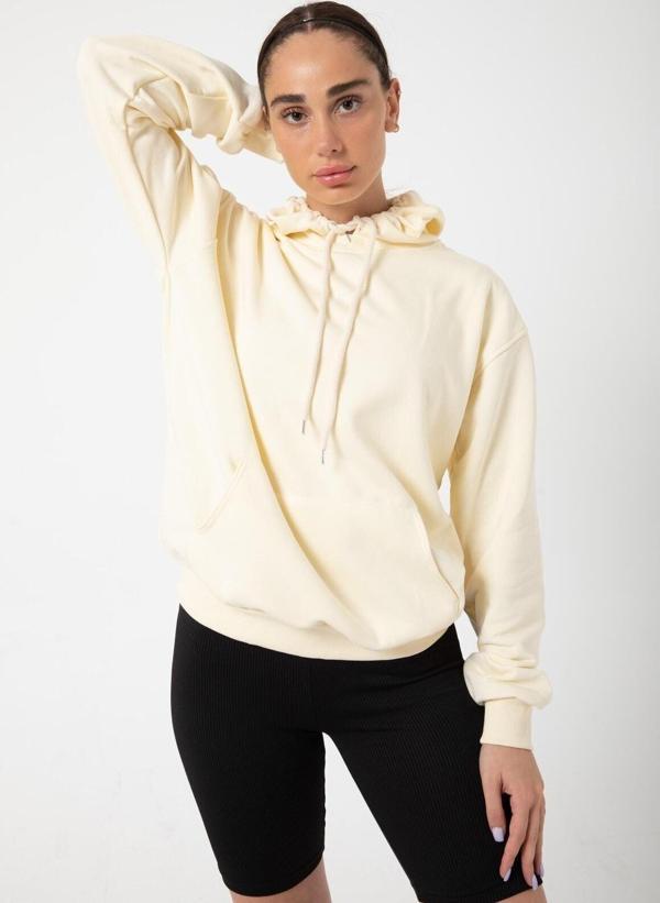 Yakamel Kadın Bej İçi Polar Sweatshirt Kapşonlu Cepli Günlük Stil Oversize Hoodie - Image 1