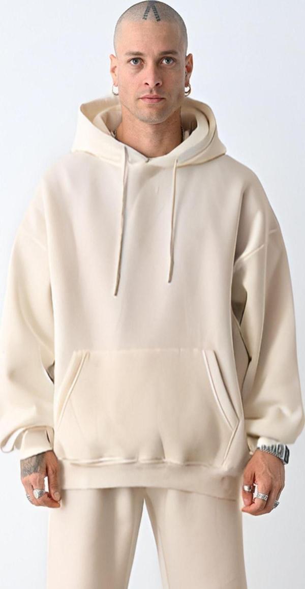 Yakamel Erkek Bol Kesim Oversize 3 Iplik Içi Pamuklu Şardonlu Kanguru Cep Kapşonlu Kışlık Hoodie Sweatshirt - Image 1