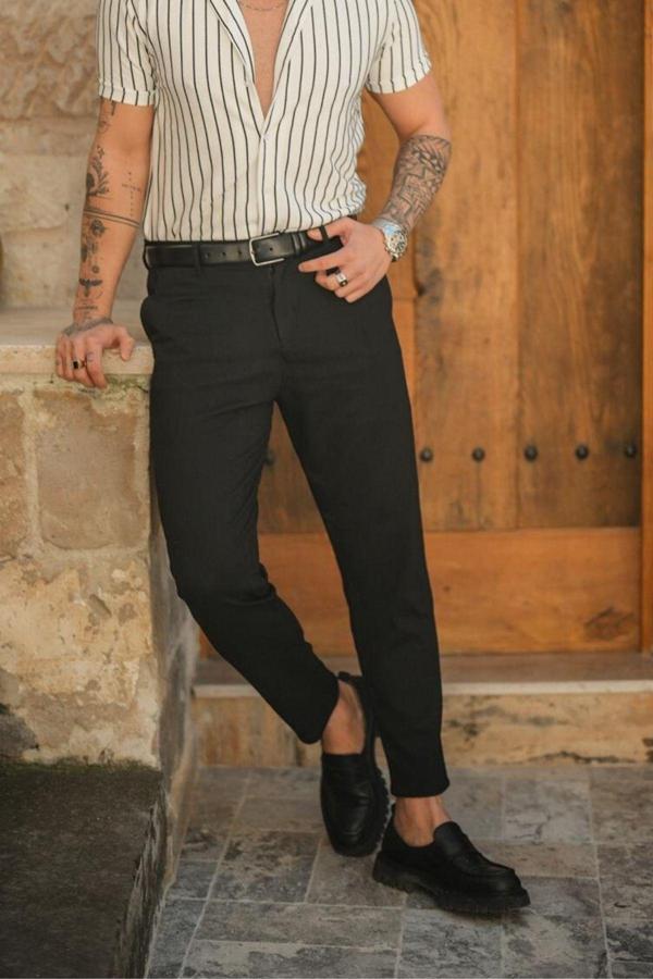 Yakamel Erkek Siyah Italyan Dar Kesim Esnek Likralı Bilek Boy Kumaş Pantolon - Image 1