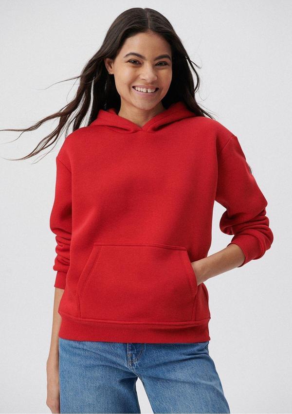 Yakamel Kadın Kırmızı Sweatshirt Kalın Kanguru Cepli Kapüşonlu Baskısız Red Hoodie - Image 1