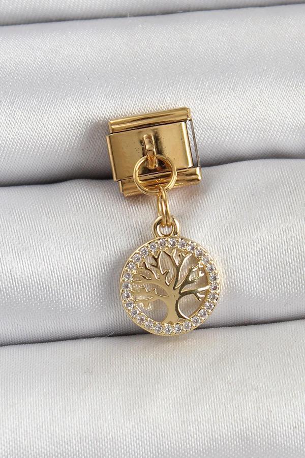 Celira Çelik Sallantılı Zirkon Taşlı Hayat Ağacı Model Gold Renk Nomination Charm - Image 1