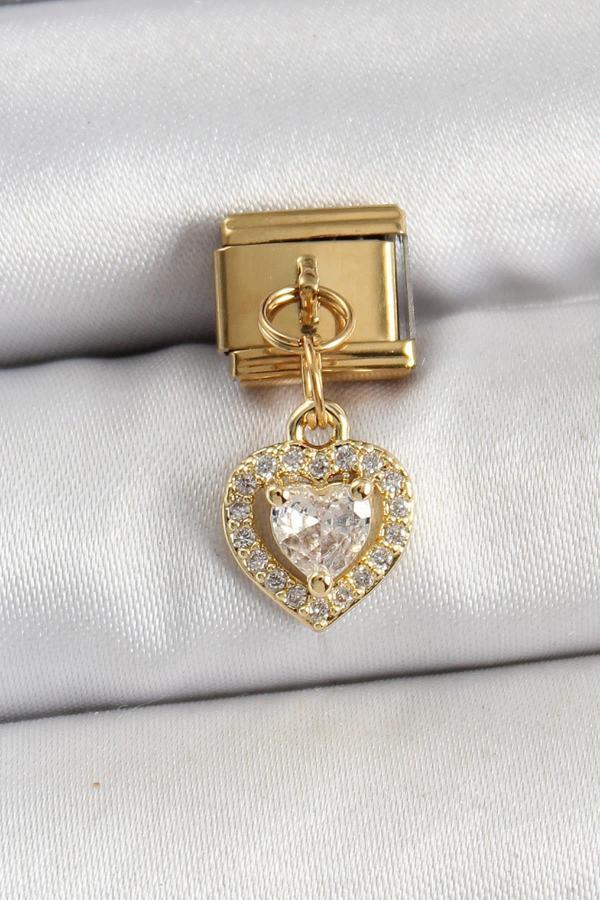 Celira Çelik Sallantılı Zirkon Taşlı Kalp Model Gold Renk Nomination Charm - Image 1