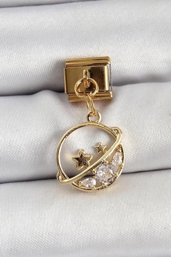 Celira Çelik Sallantılı Zirkon Taşlı Satürn Model Gold Renk Nomination Charm - Image 1