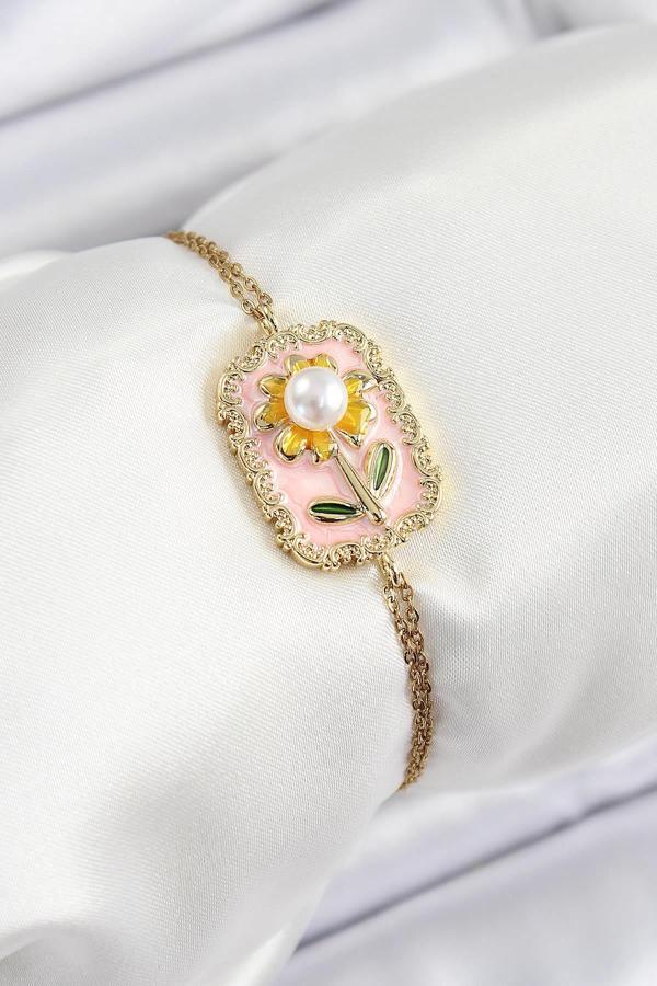 Celira Çelik Zincir Pembe Mineli Sanatsal Portre İnci Detaylı Papatya Model Gold Renk Kadın Bileklik - Image 1