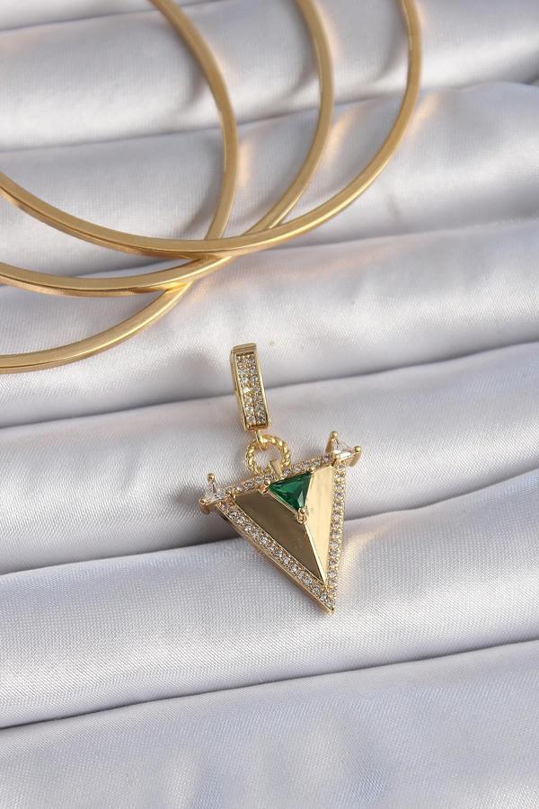 Pirinç Gold Renk Zirkon Taşlı 3D Üçgen Model Ajda - Image 1